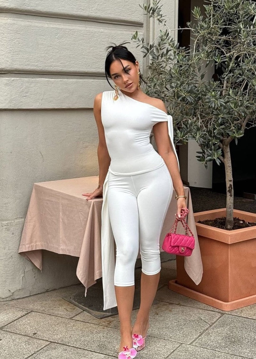 One Shoulder Knot Detail Top & Capri Pants Co-Ord