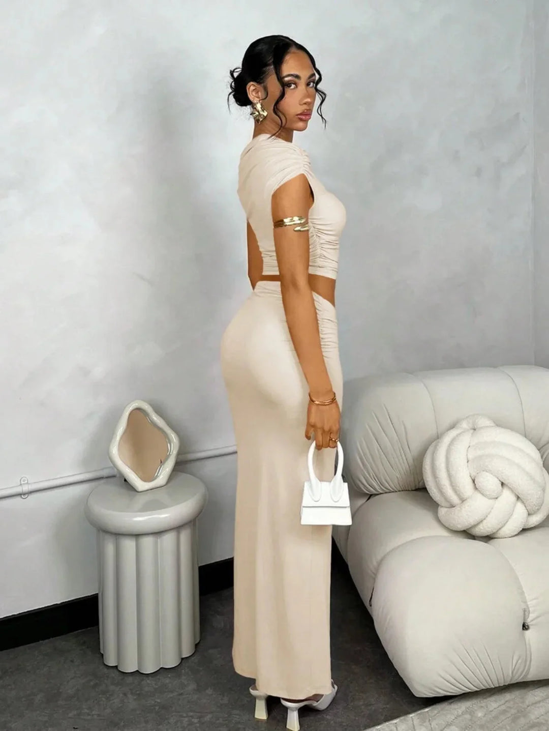 Asymmetric Ruched Shoulder Top & Slit Skirt Set