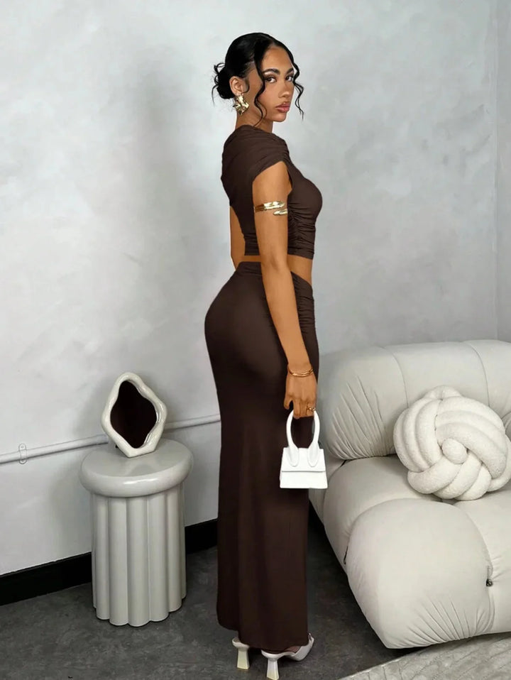 Asymmetric Ruched Shoulder Top & Slit Skirt Set