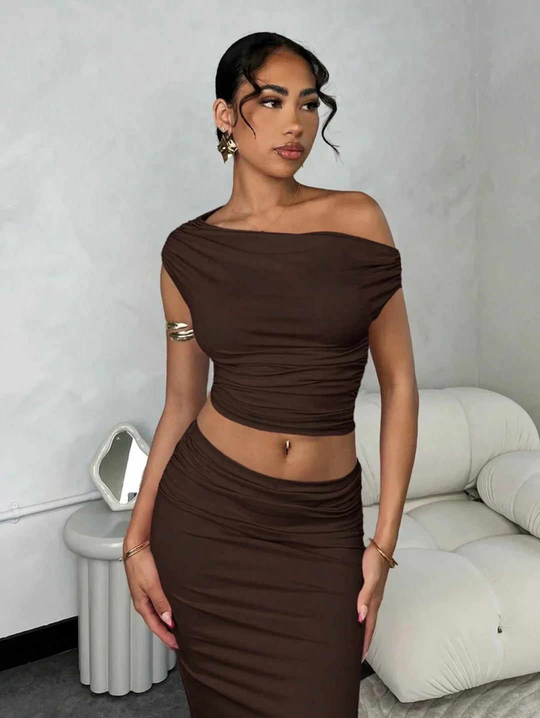 Asymmetric Ruched Shoulder Top & Slit Skirt Set