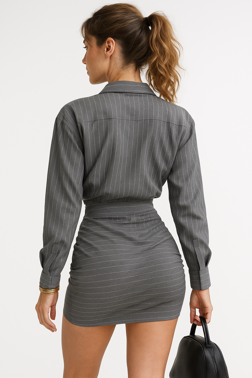Striped Two‑Piece Set – Lapel Shirt & Slim Mini Skirt