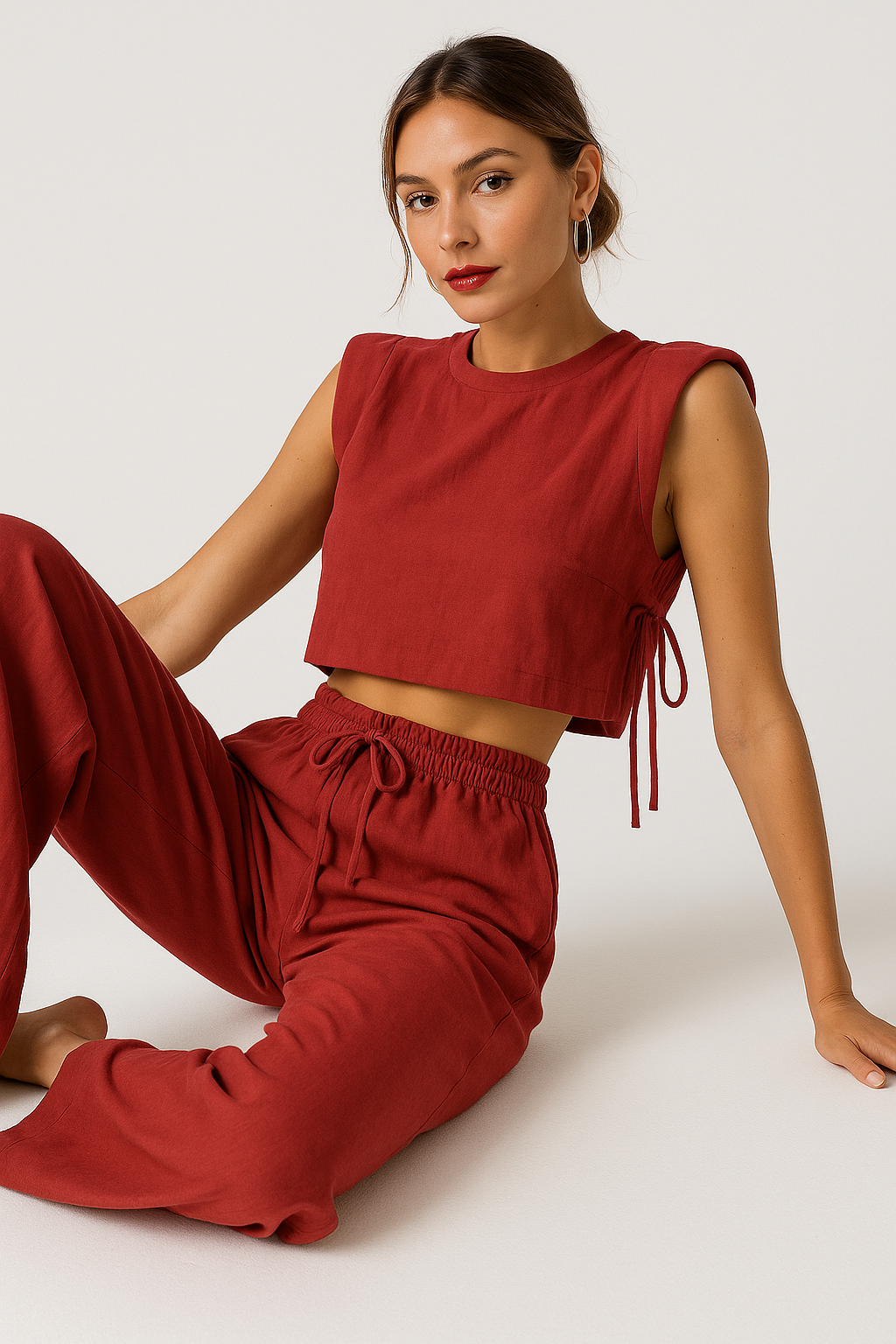 Linen blend Two-Piece Set - Crop Top and High-Waist Trousers