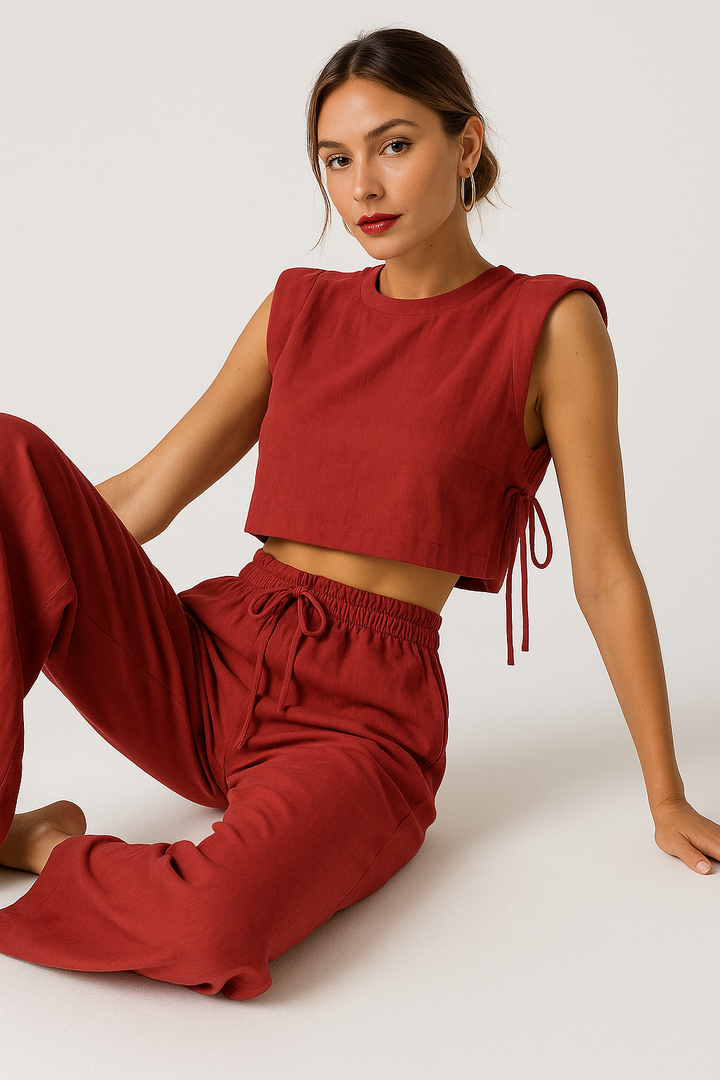 Linen blend Two-Piece Set - Crop Top and High-Waist Trousers