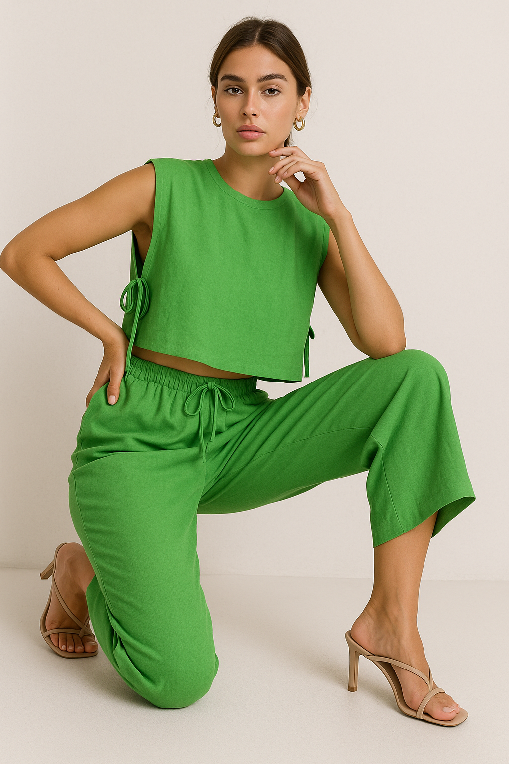 Linen blend Two-Piece Set - Crop Top and High-Waist Trousers