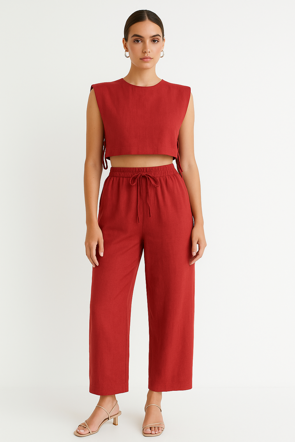 Linen blend Two-Piece Set - Crop Top and High-Waist Trousers
