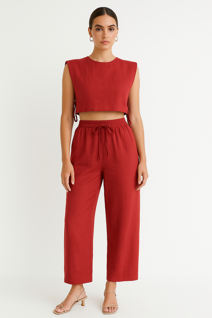 Linen blend Two-Piece Set - Crop Top and High-Waist Trousers