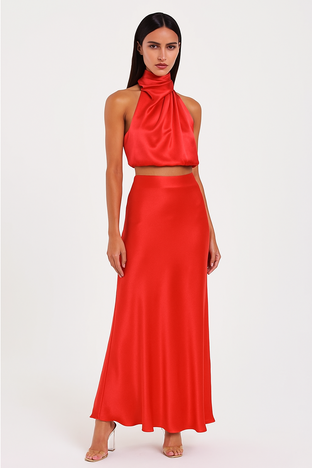 Co-ord Satin Maxi Skirt Set Cowl Neck