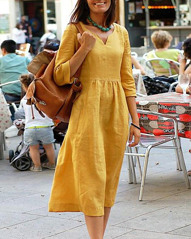 Courtney | Linen Blend Casual Midi Dress with V-Neck and Relaxed Fit