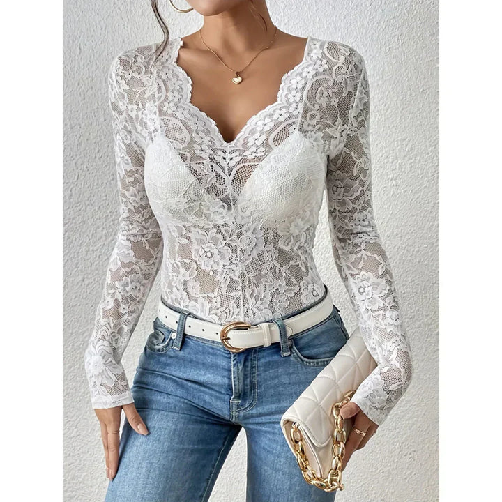 Roberta | V-Neck Transparent Long Sleeve Lace Blouse with Floral Details