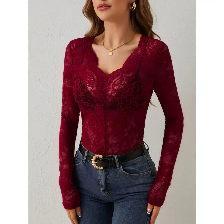 Roberta | V-Neck Transparent Long Sleeve Lace Blouse with Floral Details