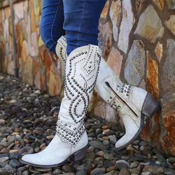 Cheri | Edgy High Boots – Distressed Leather – Rivet Detail – Thick Heel – Side Zipper