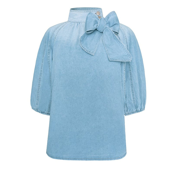 Destiny | Women's blouse with stand-up collar, feminine bow detail & modern balloon sleeves - stylish blouse for an elegant look