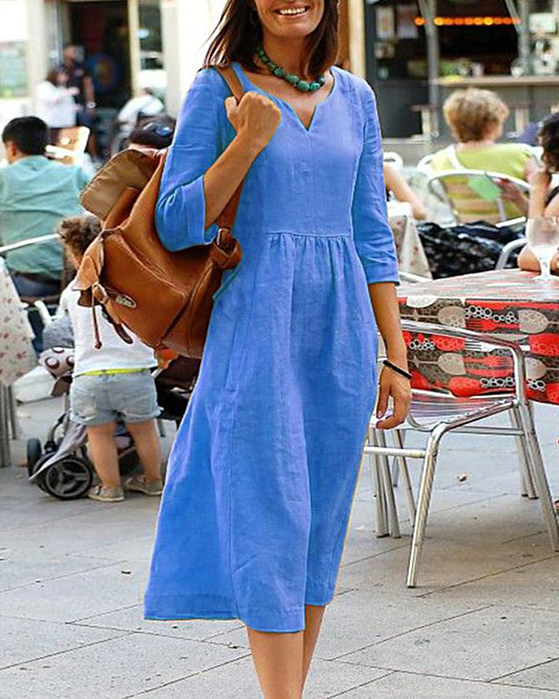 Courtney | Linen Blend Casual Midi Dress with V-Neck and Relaxed Fit