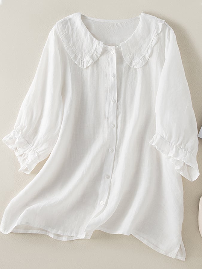 Lillian | Women's Stylish Cotton Linen Loose Ruffled Neck Shirt
