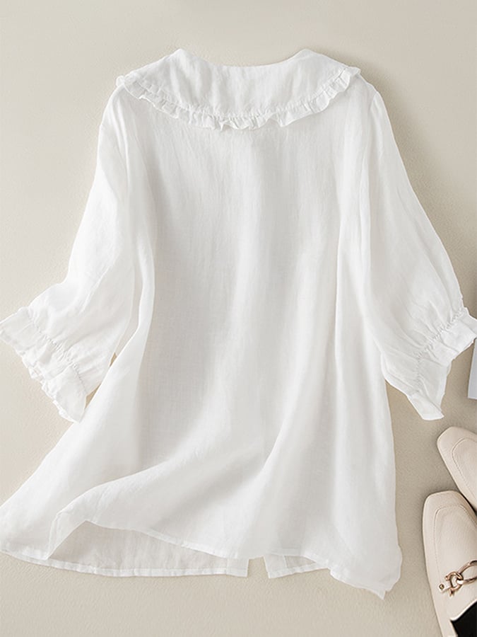 Lillian | Women's Stylish Cotton Linen Loose Ruffled Neck Shirt