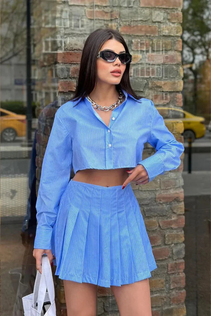 Blue Striped Crop Top & Pleated Skirt Set