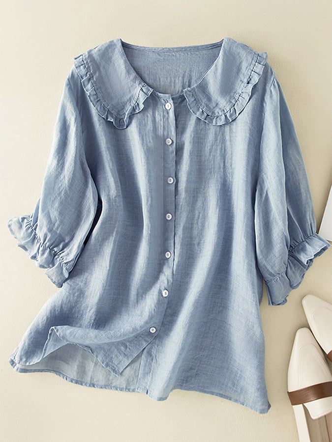 Lillian | Women's Stylish Cotton Linen Loose Ruffled Neck Shirt