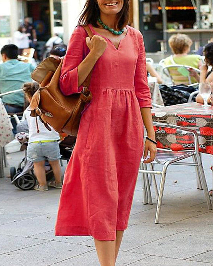Courtney | Linen Blend Casual Midi Dress with V-Neck and Relaxed Fit