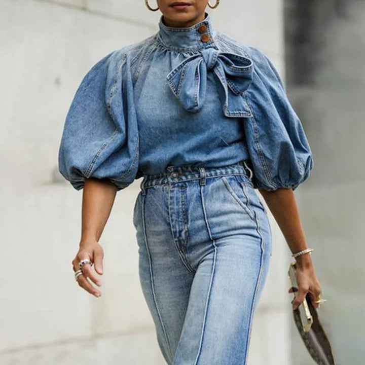 Destiny | Women's blouse with stand-up collar, feminine bow detail & modern balloon sleeves - stylish blouse for an elegant look