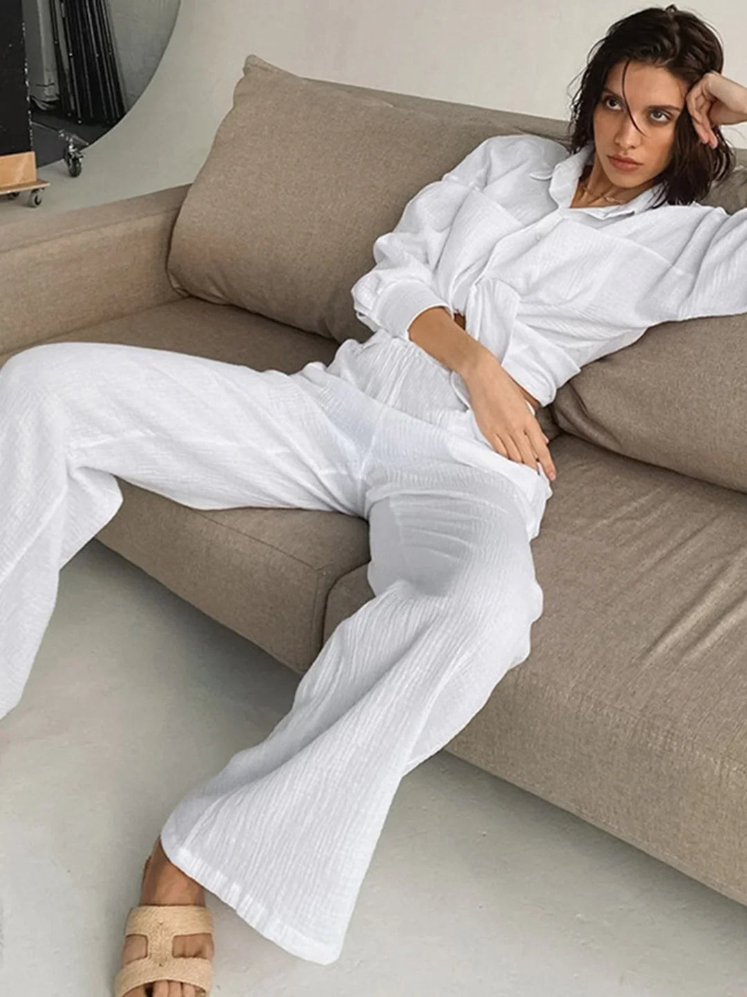White Cotton Two Piece Pants Set