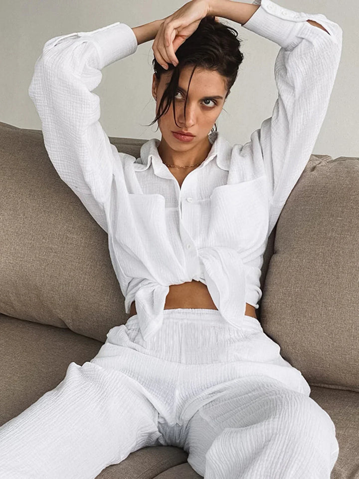 White Cotton Two Piece Pants Set