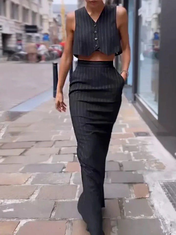 Pinstripe Button Crop Co-ord Skirt Set
