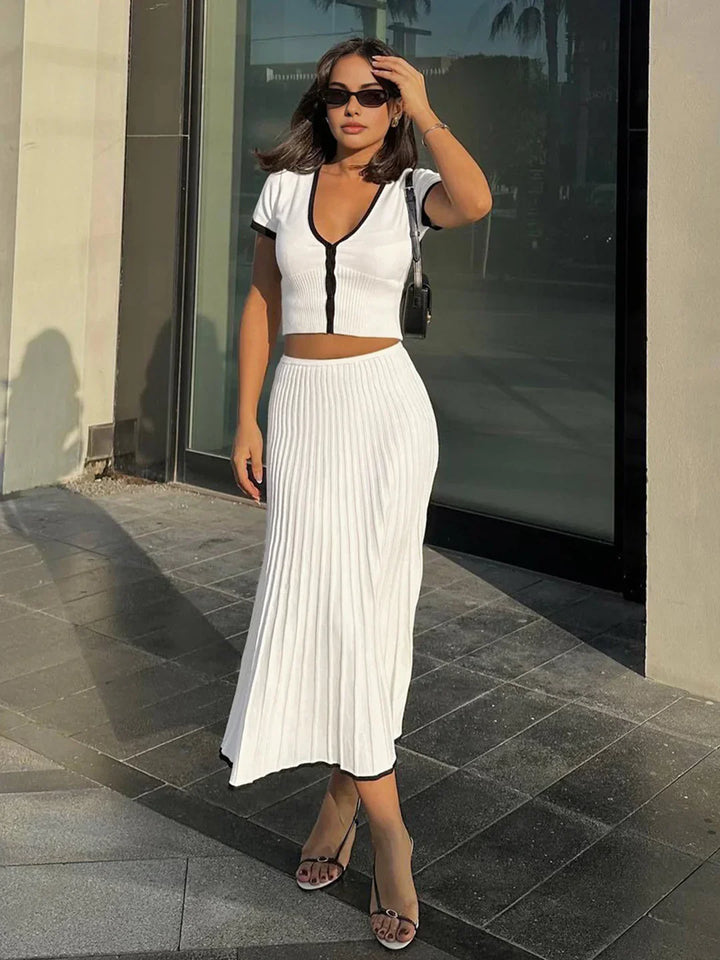 Trim Sweater Midi Skirt Set
