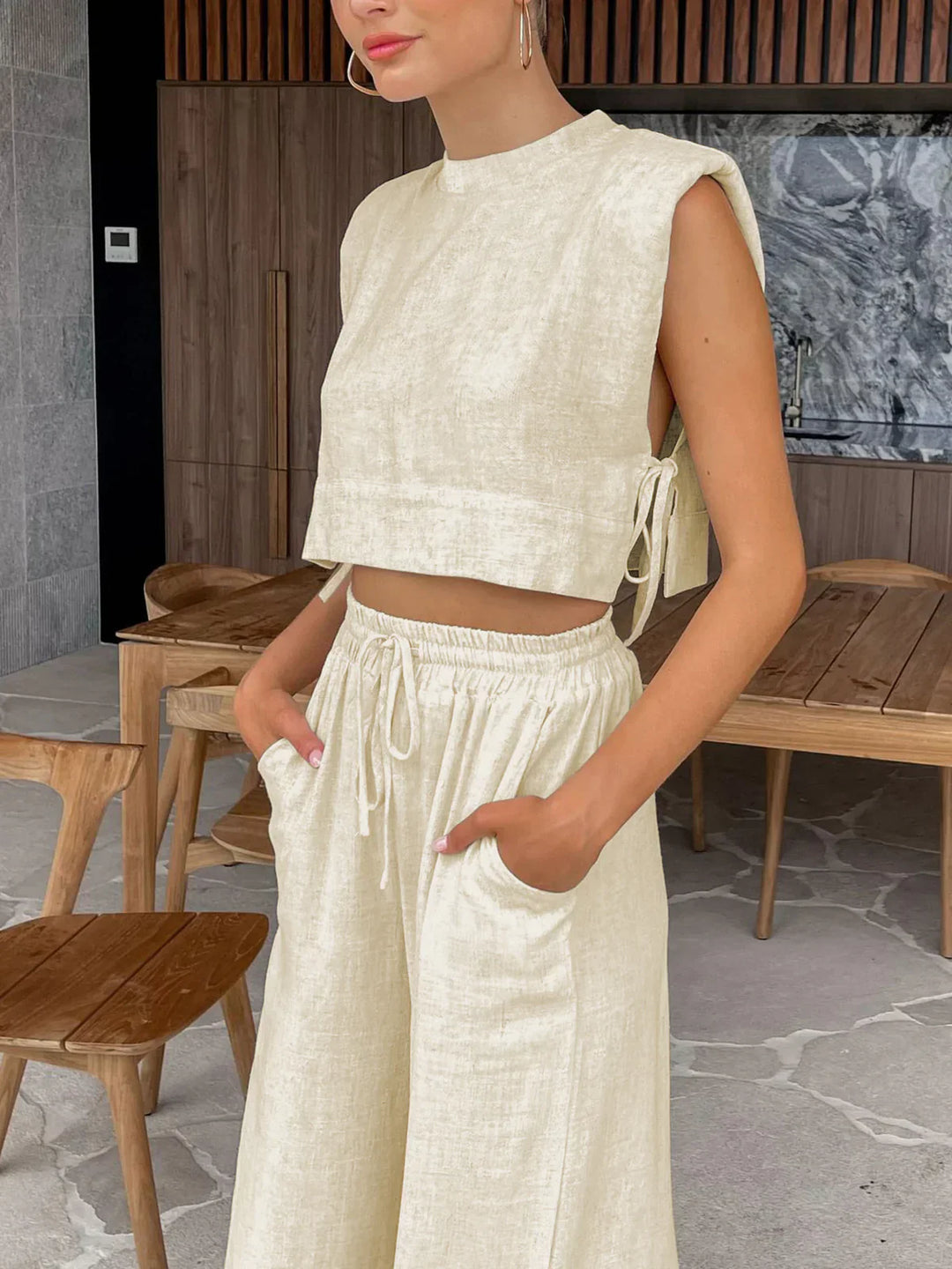 Linen Two Piece Wide Leg Pants Set