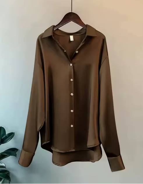 Olive | Elegant Fit Satin Blouse with Soft Sheen