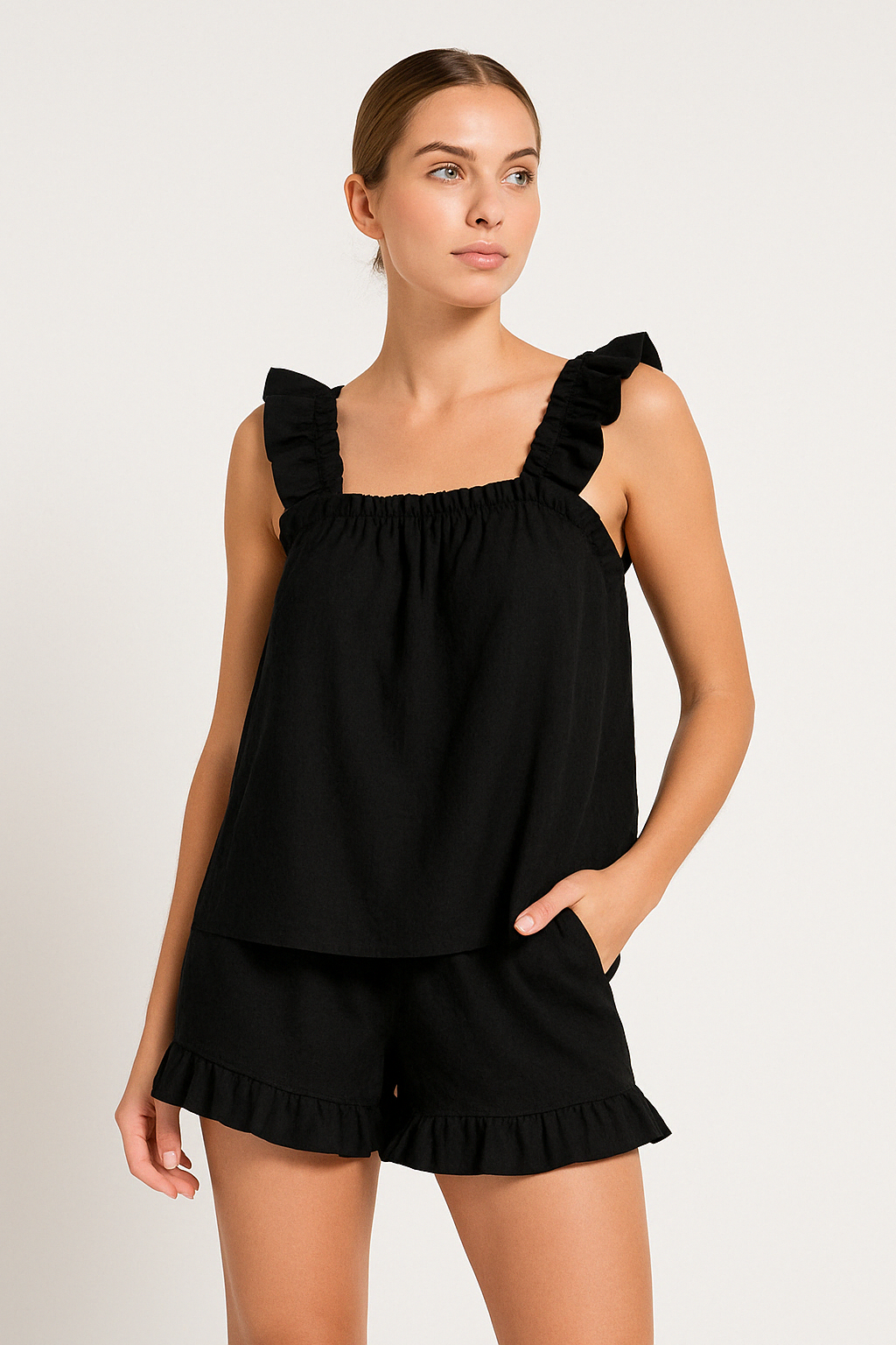 Sara | Women’s Sleeveless Top – Relaxed Fit – Ruffled Straps – Lightweight Breathable Fabric