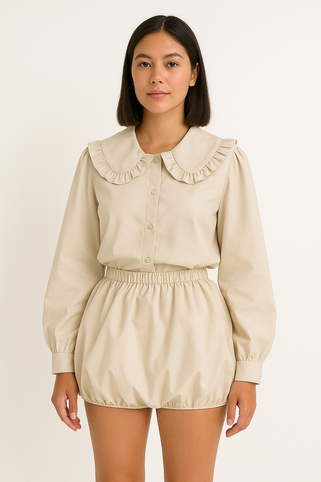 Camille | Women's Blouse - Oversized Cotton Blend with Ruffled Collar