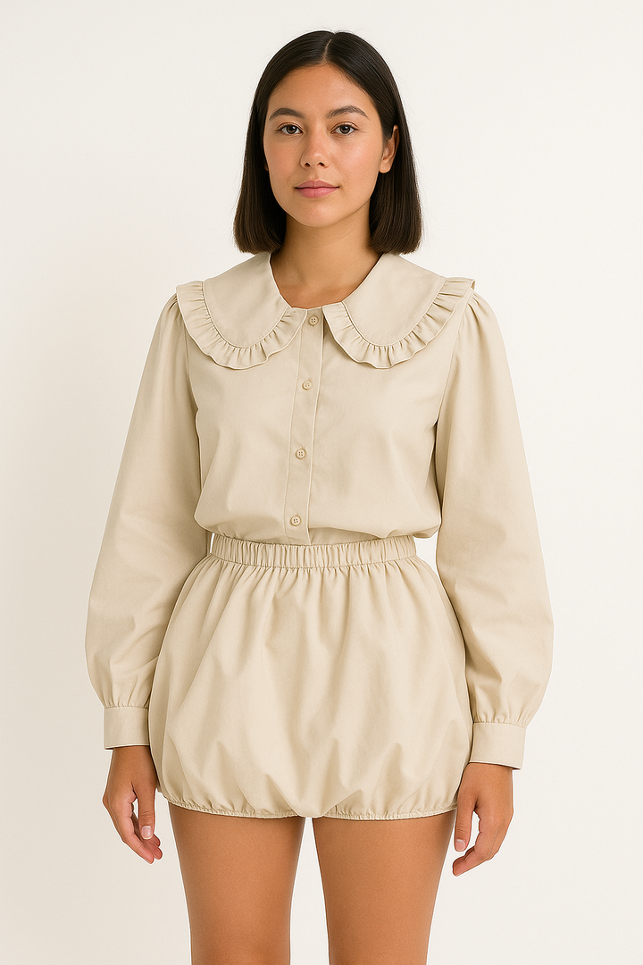 Camille | Women's Blouse - Oversized Cotton Blend with Ruffled Collar