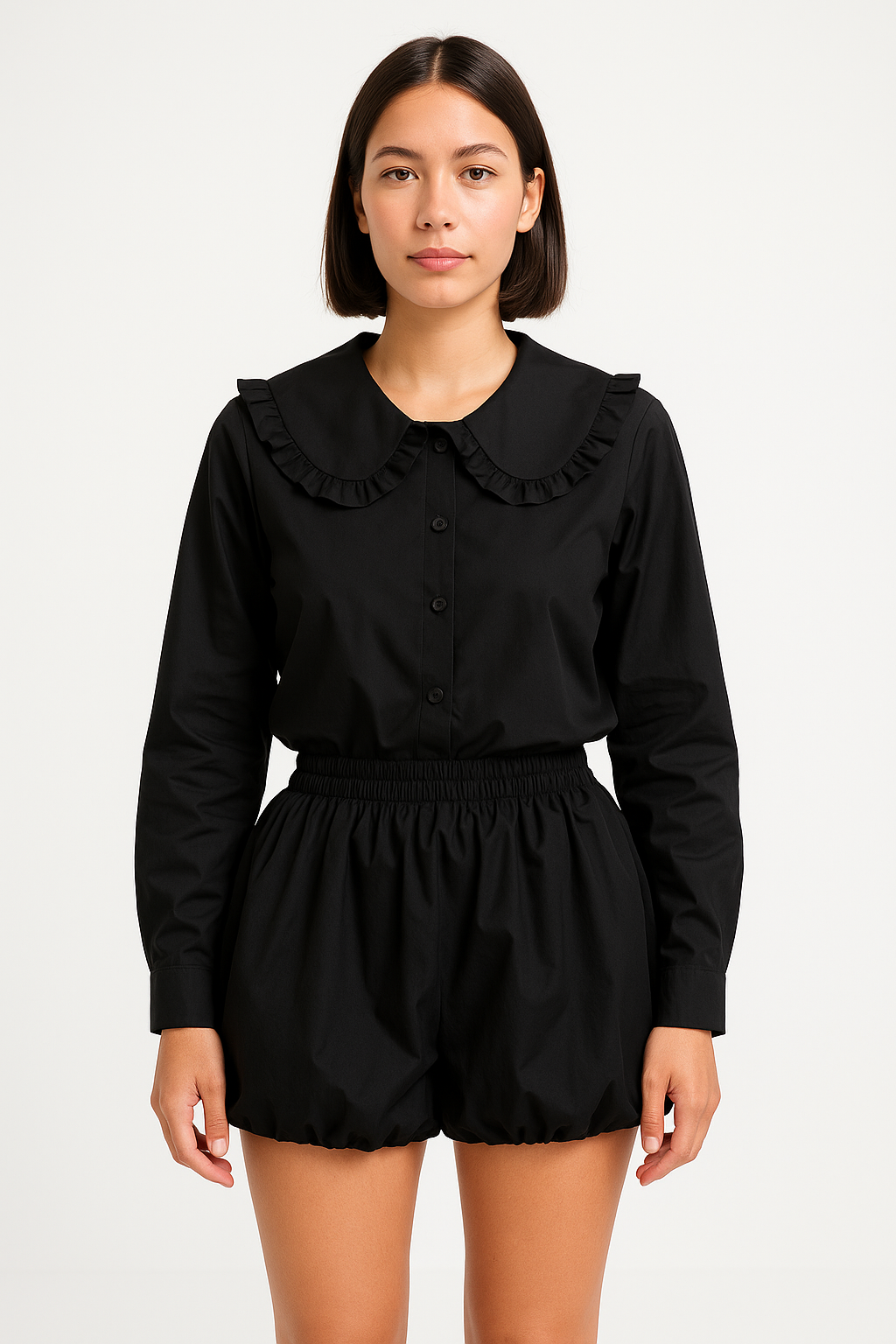 Camille | Women's Blouse - Oversized Cotton Blend with Ruffled Collar