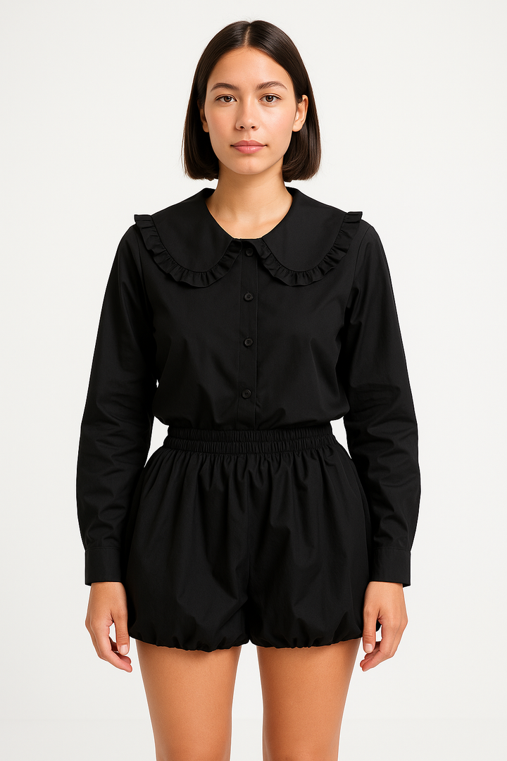 Camille | Women's Blouse - Oversized Cotton Blend with Ruffled Collar