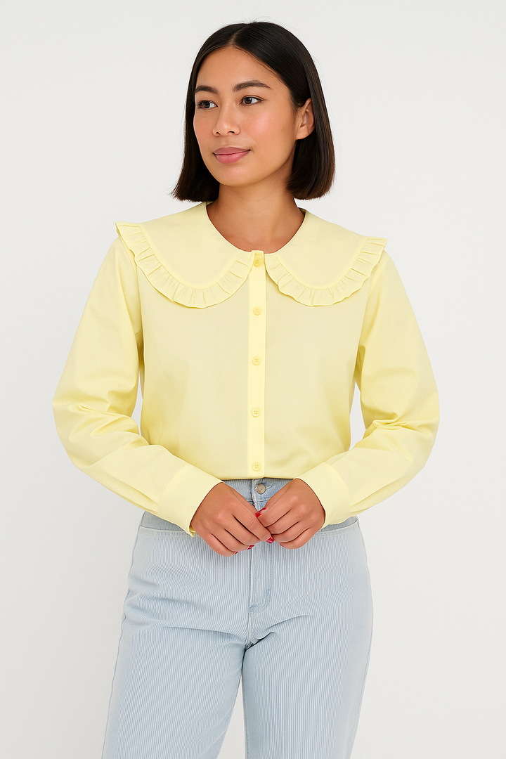 Camille | Women's Blouse - Oversized Cotton Blend with Ruffled Collar