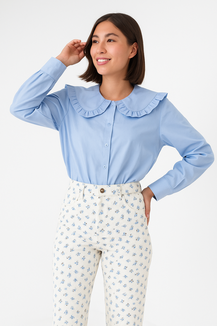 Camille | Women's Blouse - Oversized Cotton Blend with Ruffled Collar