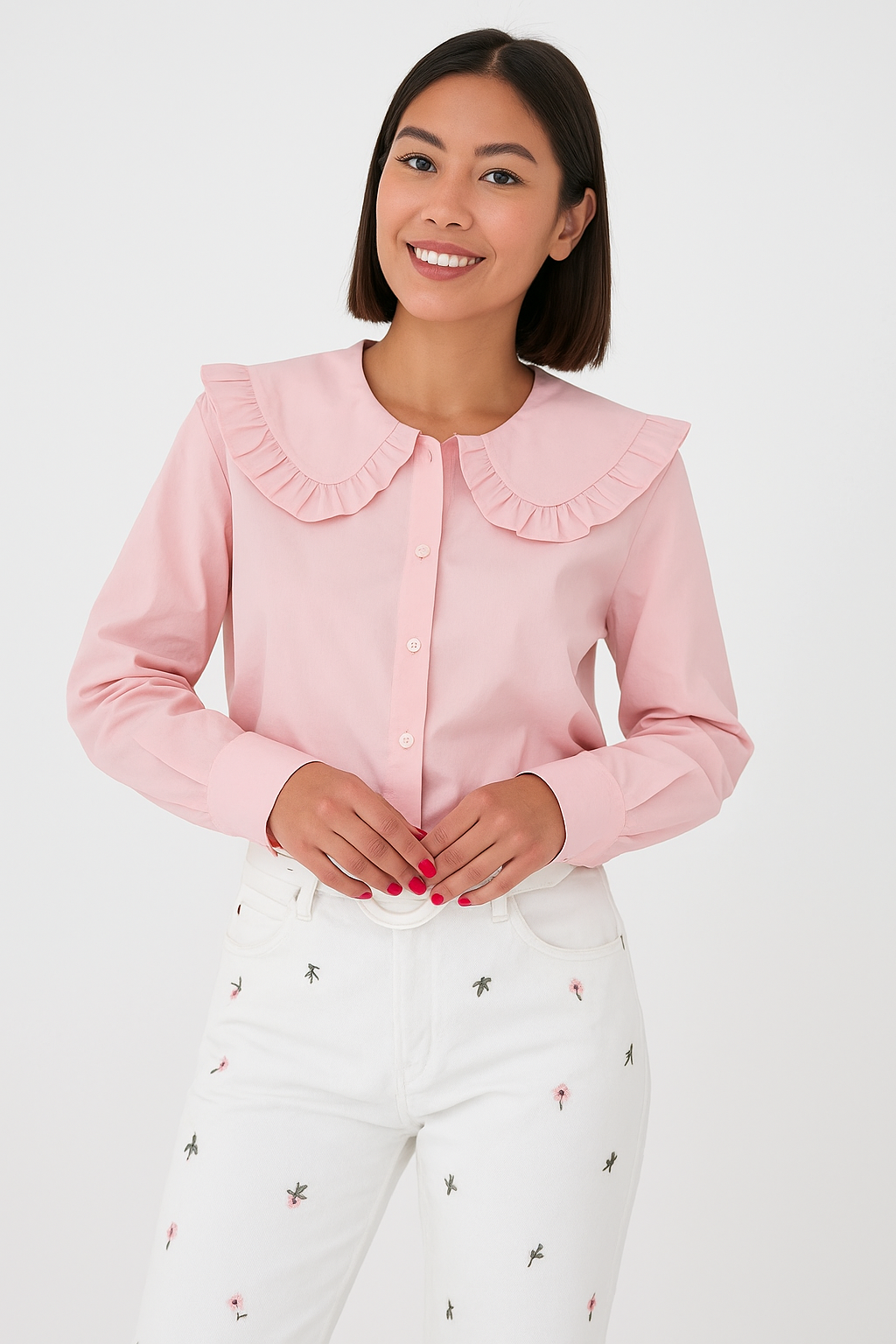 Camille | Women's Blouse - Oversized Cotton Blend with Ruffled Collar