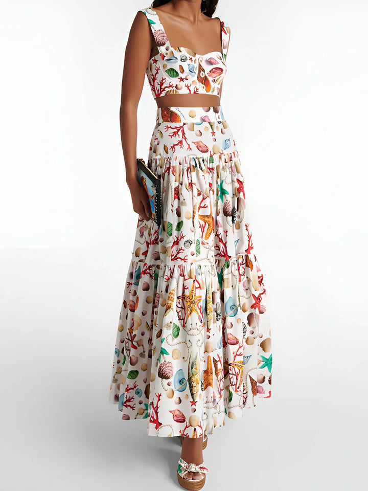 Beach Two-Piece Set – Shirred Crop Top and Pleated Maxi Skirt