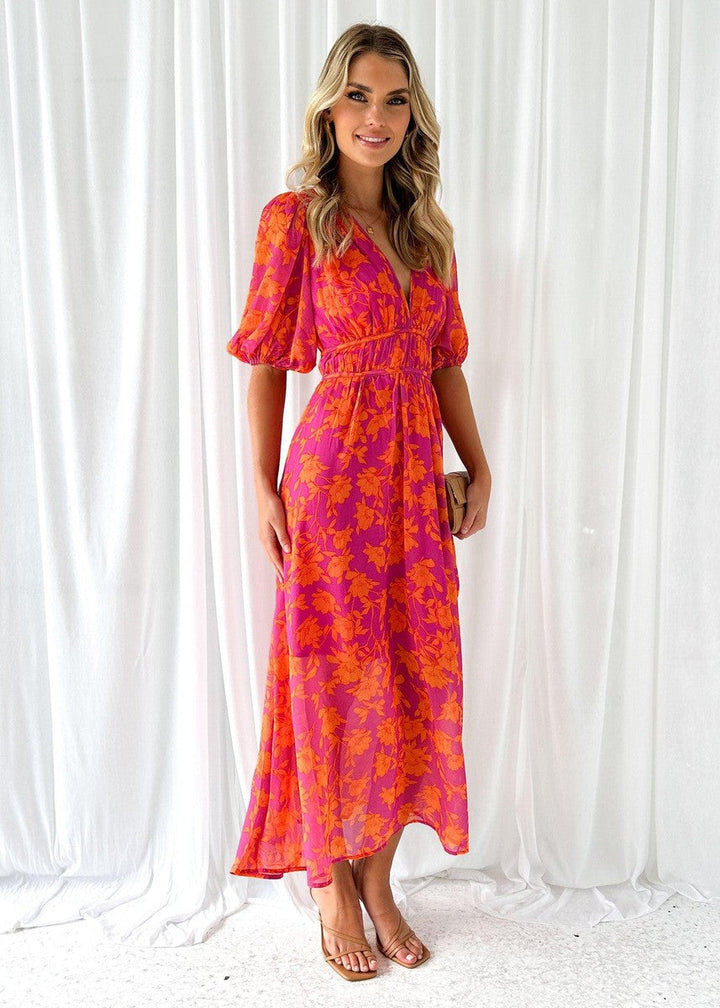 Katty I  Floral Midi Dress with Puff Sleeves and V-neck
