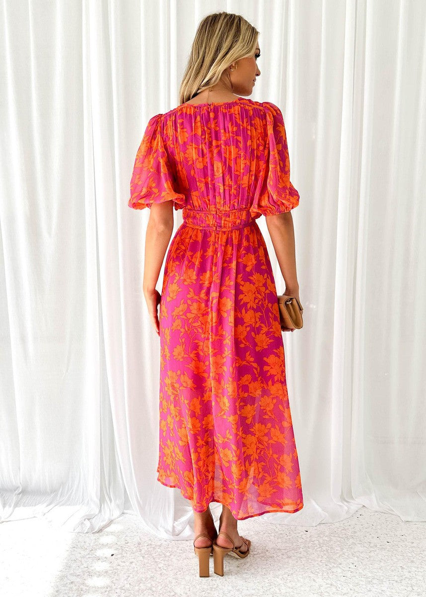 Katty I  Floral Midi Dress with Puff Sleeves and V-neck