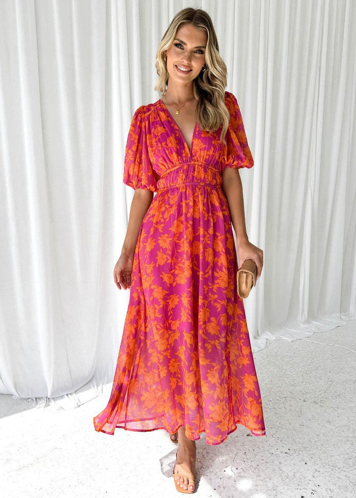 Katty I  Floral Midi Dress with Puff Sleeves and V-neck