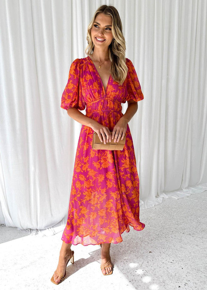 Katty I  Floral Midi Dress with Puff Sleeves and V-neck