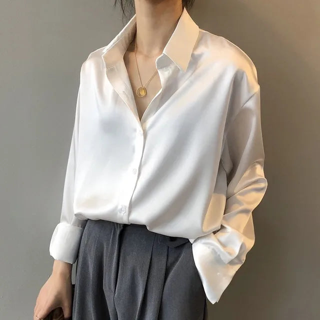 Olive | Elegant Fit Satin Blouse with Soft Sheen