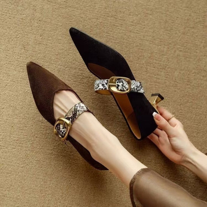 Marilyn | Women’s Chic Shoes - Suede Finish - Stylish Mid Heel - Pointed Toe - Elegant Buckle Strap