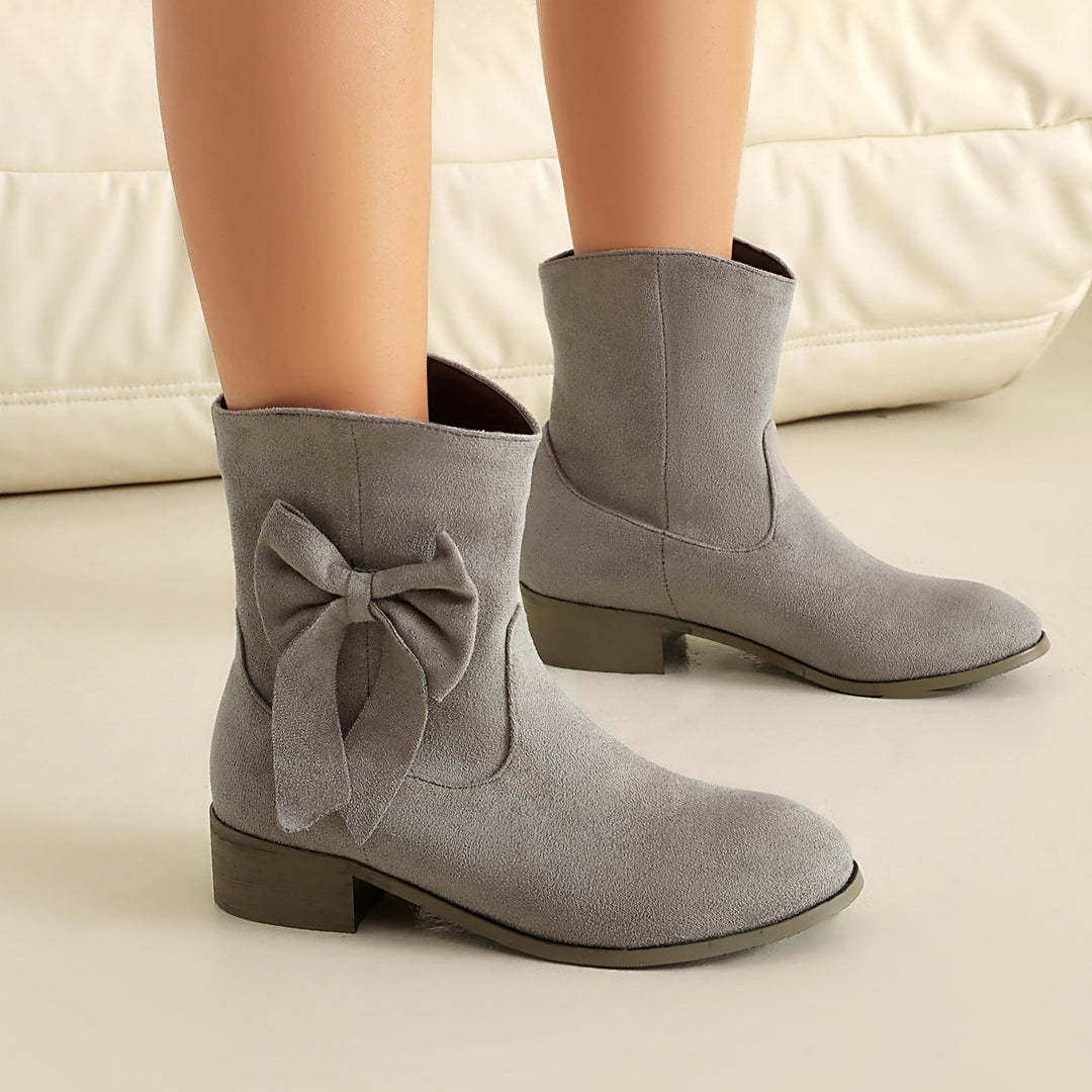 Janice | Stylish Women's Short Boots - Suede Finish - Low Heel - Decorative Bow