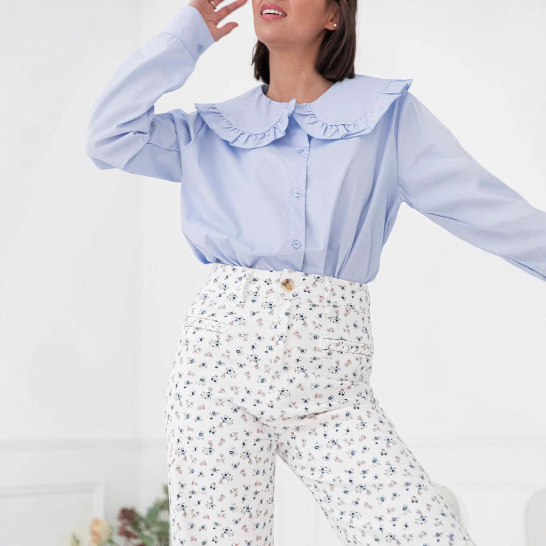 Camille | Women's Blouse - Oversized Cotton Blend with Ruffled Collar