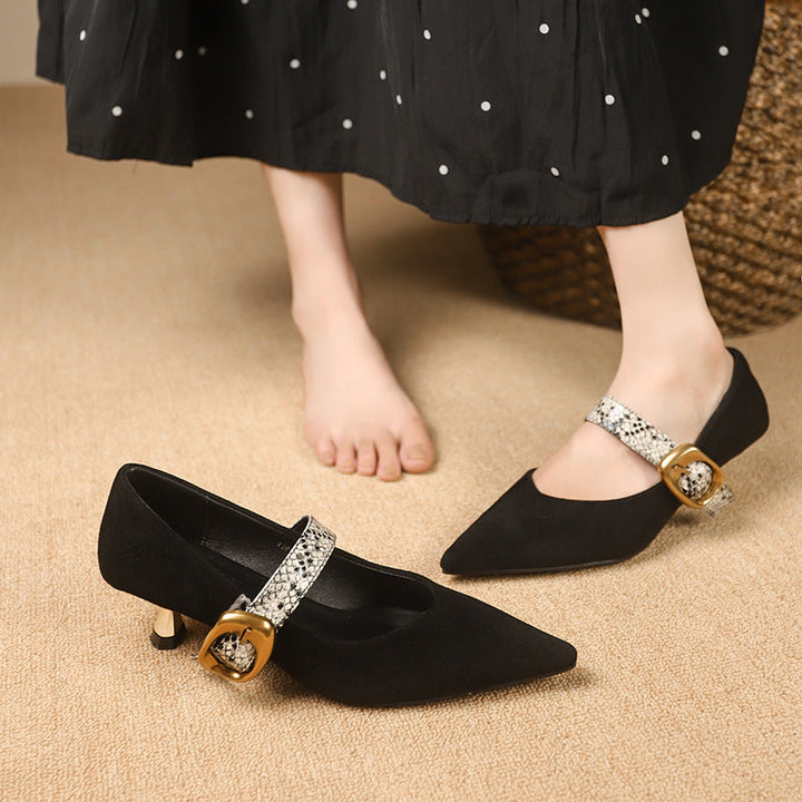 Marilyn | Women’s Chic Shoes - Suede Finish - Stylish Mid Heel - Pointed Toe - Elegant Buckle Strap
