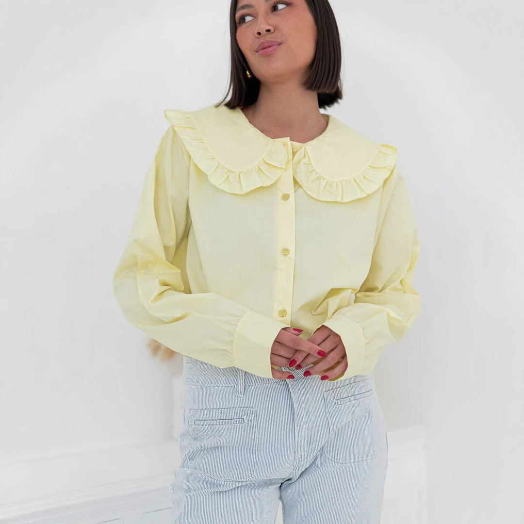 Camille | Women's Blouse - Oversized Cotton Blend with Ruffled Collar