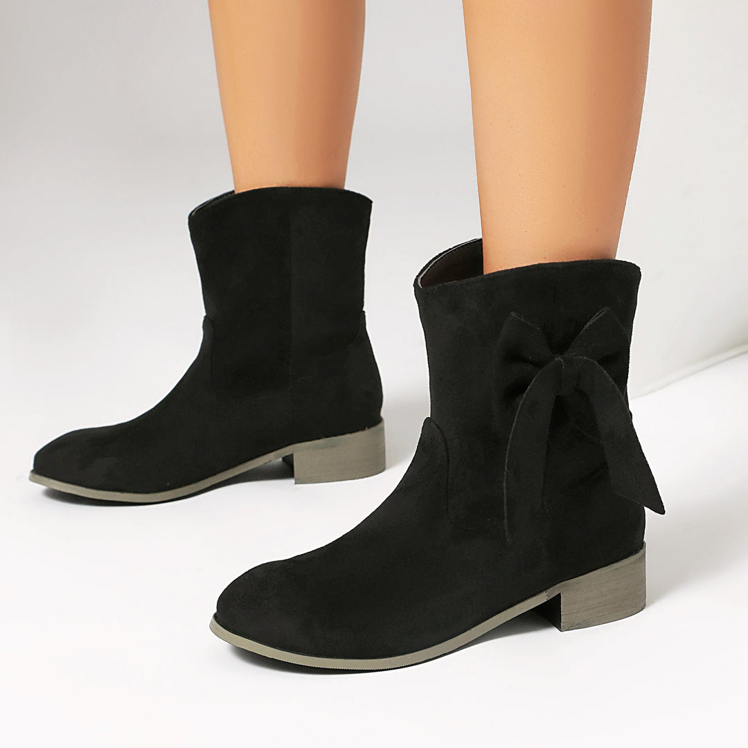 Janice | Stylish Women's Short Boots - Suede Finish - Low Heel - Decorative Bow