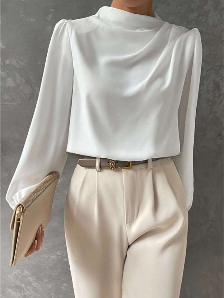 Hera | Women’s Elegant Satin Blouse – Relaxed Fit – High Neck Long Sleeve Top